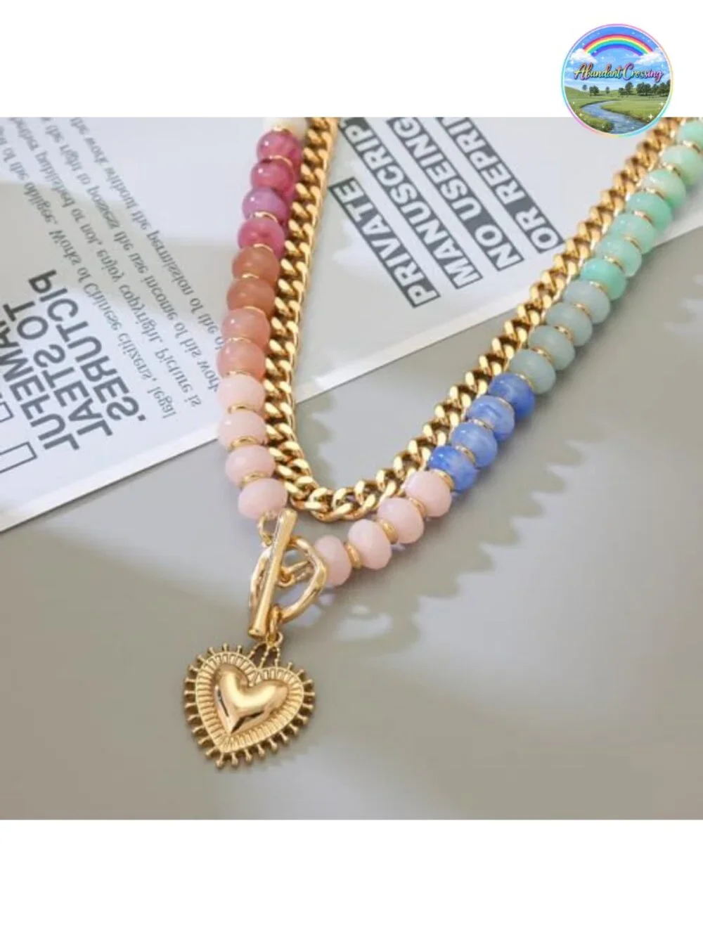 Layered Beaded Choker Necklace 14k Gold Plated Acrylic Heart Pendant Boho